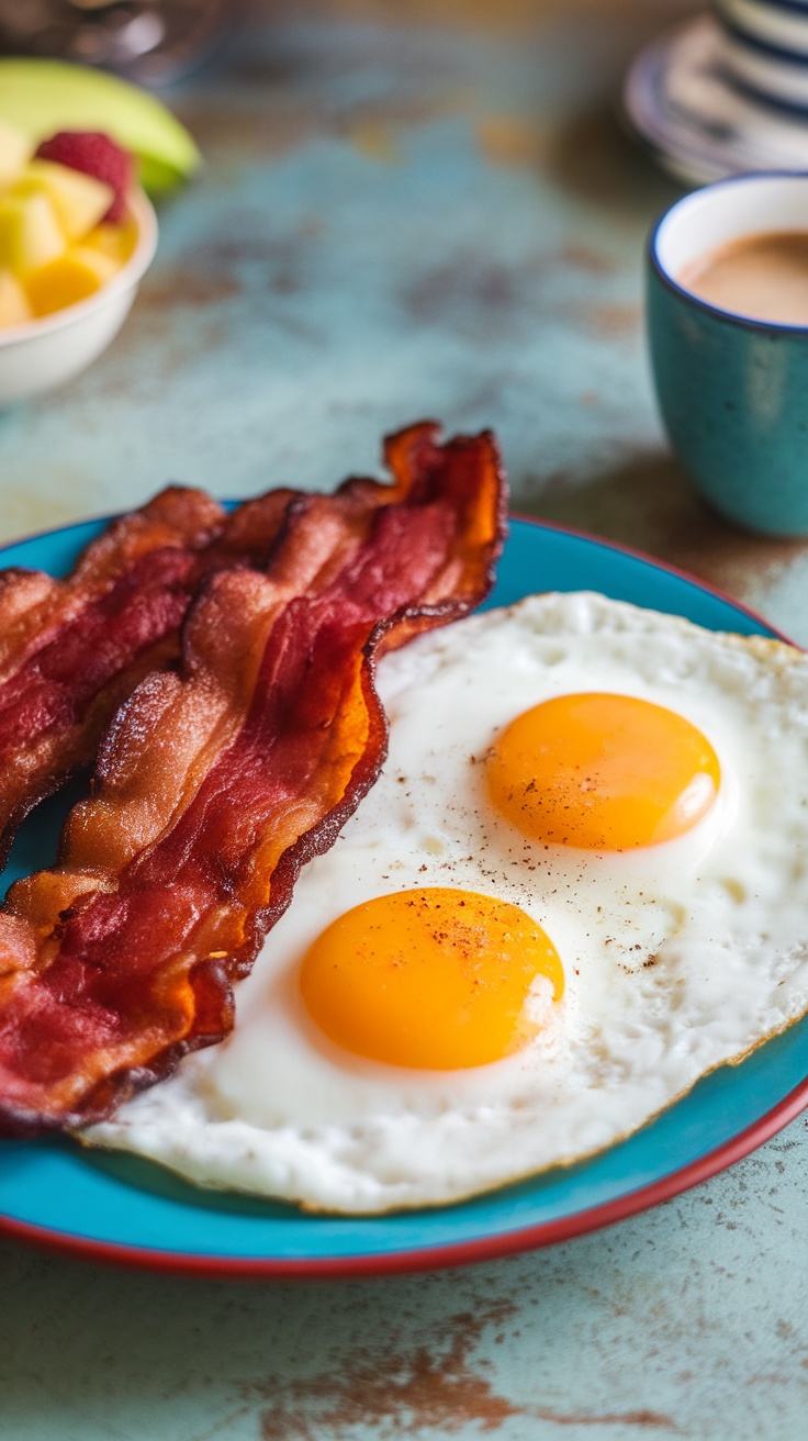 Quick and Easy Air Fryer Bacon and Eggs Recipe A plate with crispy bacon and sunny-side up eggs on a rustic table with fruit and coffee.